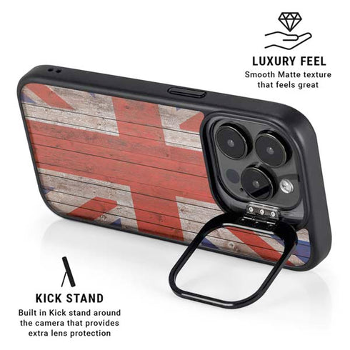 United Kingdom Flag Dark Wood iPhone 16 Pro Kickstand Case